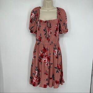 Bog Collective Pink Shirred Square Neck Puff Sleeve Floral Mini Dress